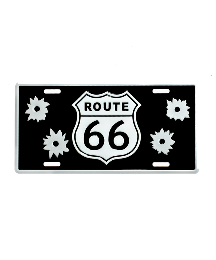 Route 66 Black Metal License Plate Sign – Bullet Hole Design