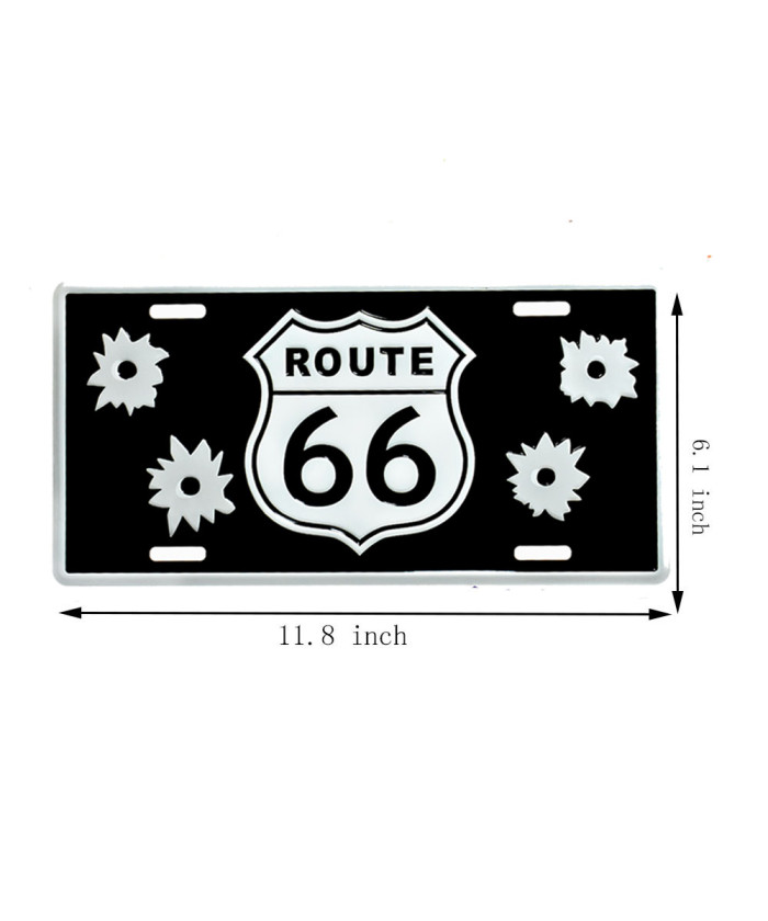 Route 66 Black Metal License Plate Sign – Bullet Hole Design