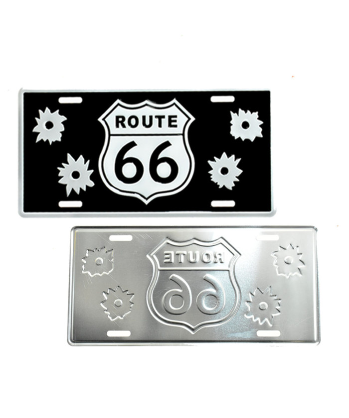 Route 66 Black Metal License Plate Sign – Bullet Hole Design