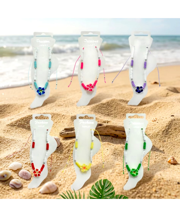 Adjustable Plumeria Flower Beaded Anklet – 6 Assorted Colors