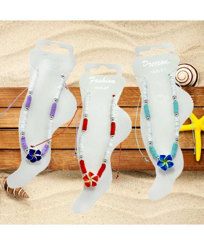 Adjustable Plumeria Flower Beaded Anklet – 6 Assorted Colors