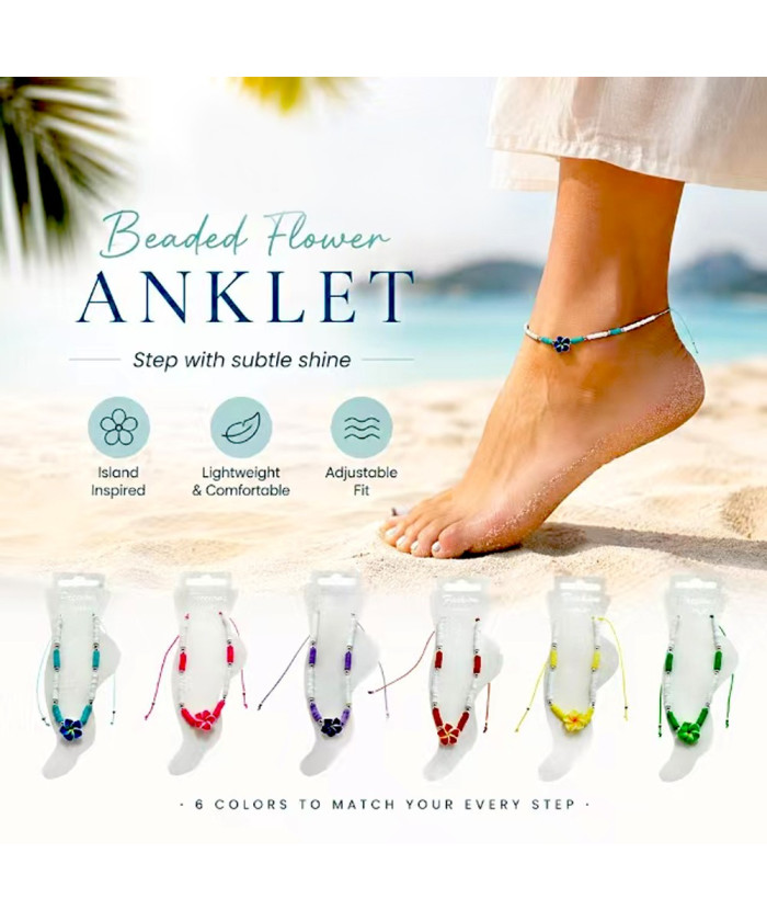 Adjustable Plumeria Flower Beaded Anklet – 6 Assorted Colors